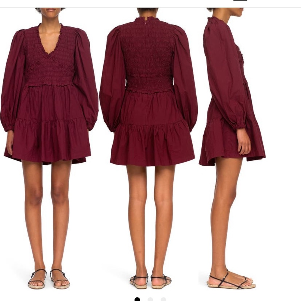 New Sea Gaia Smocked Long Sleeve Minidress Burgundy 4